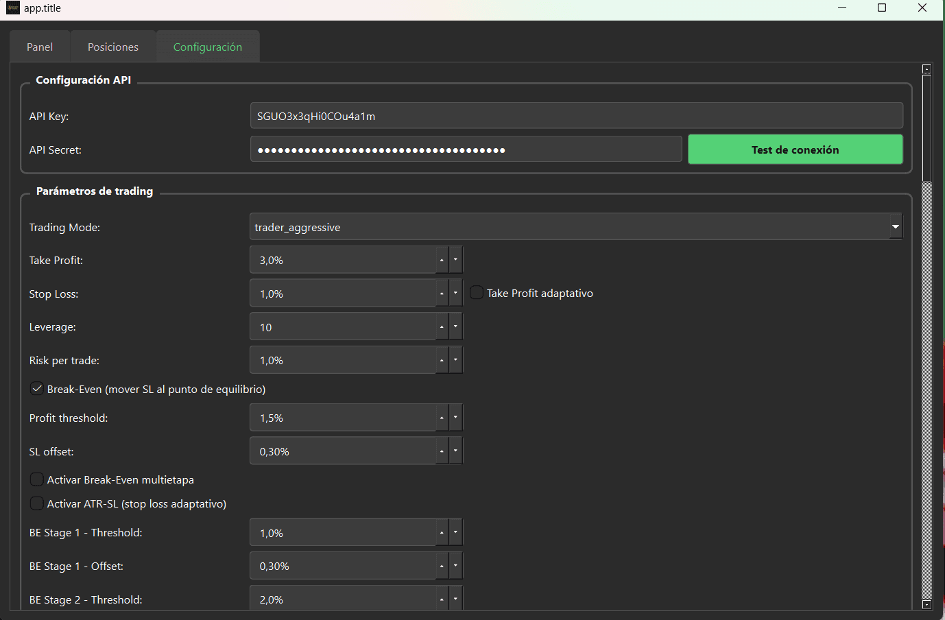 API and trading settings