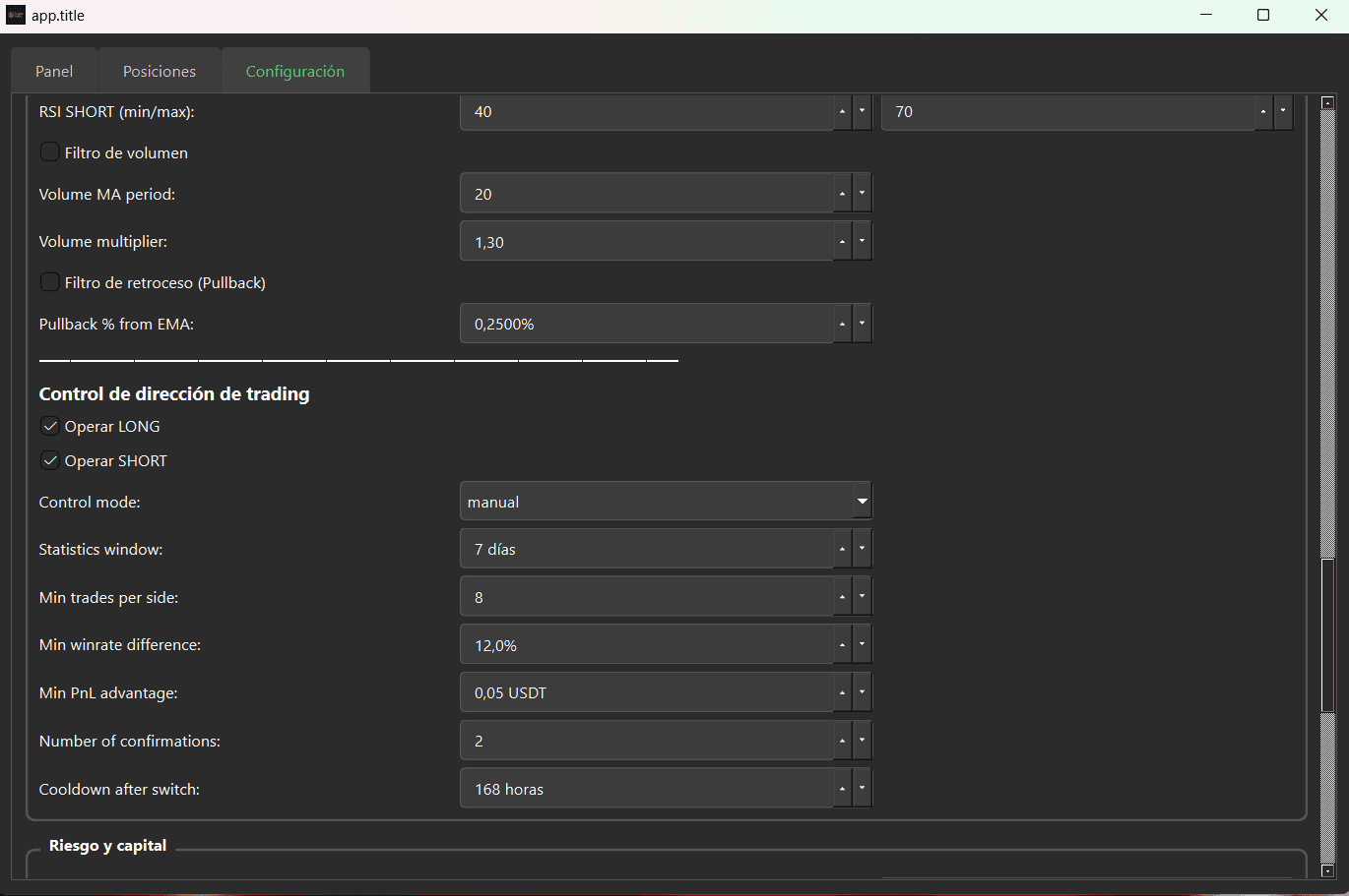 Direction and risk settings